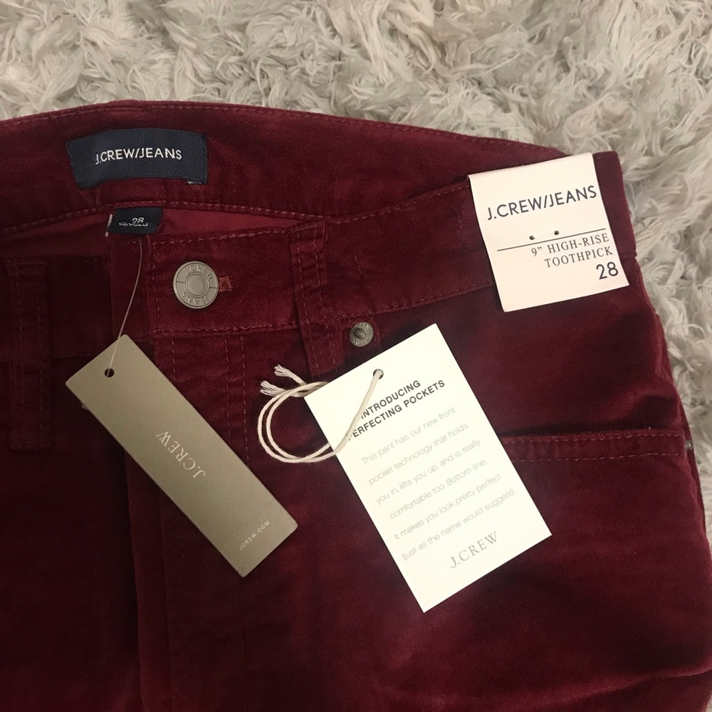 NWT J. CREW• Sz 28 High-rise Maroon Velvet Jeans - Picture 3 of 6